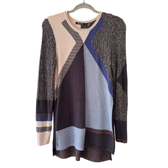 Nic+Zoe Womens S Geometric Mixed Pattern Blue Gray Long-Sleeve Sweater - Picture 1 of 10